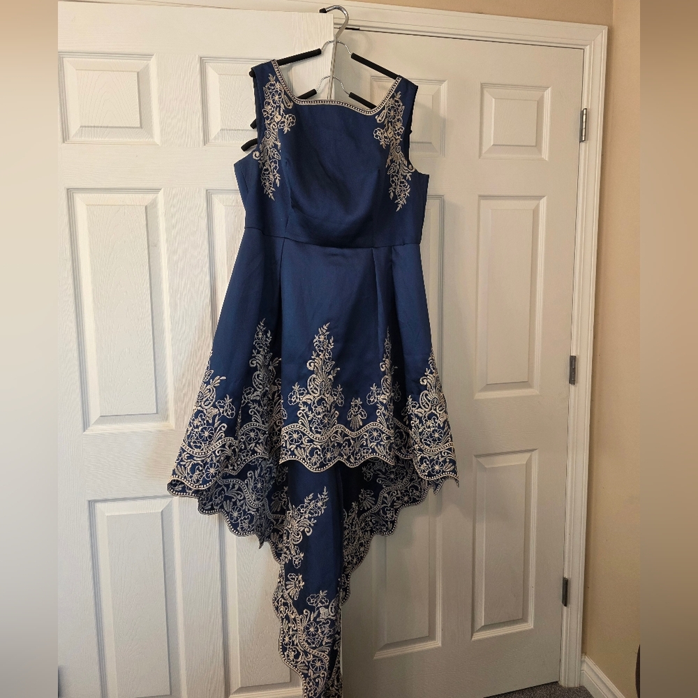 Chi Chi London Navy Blue High Low Embroidered Gown
